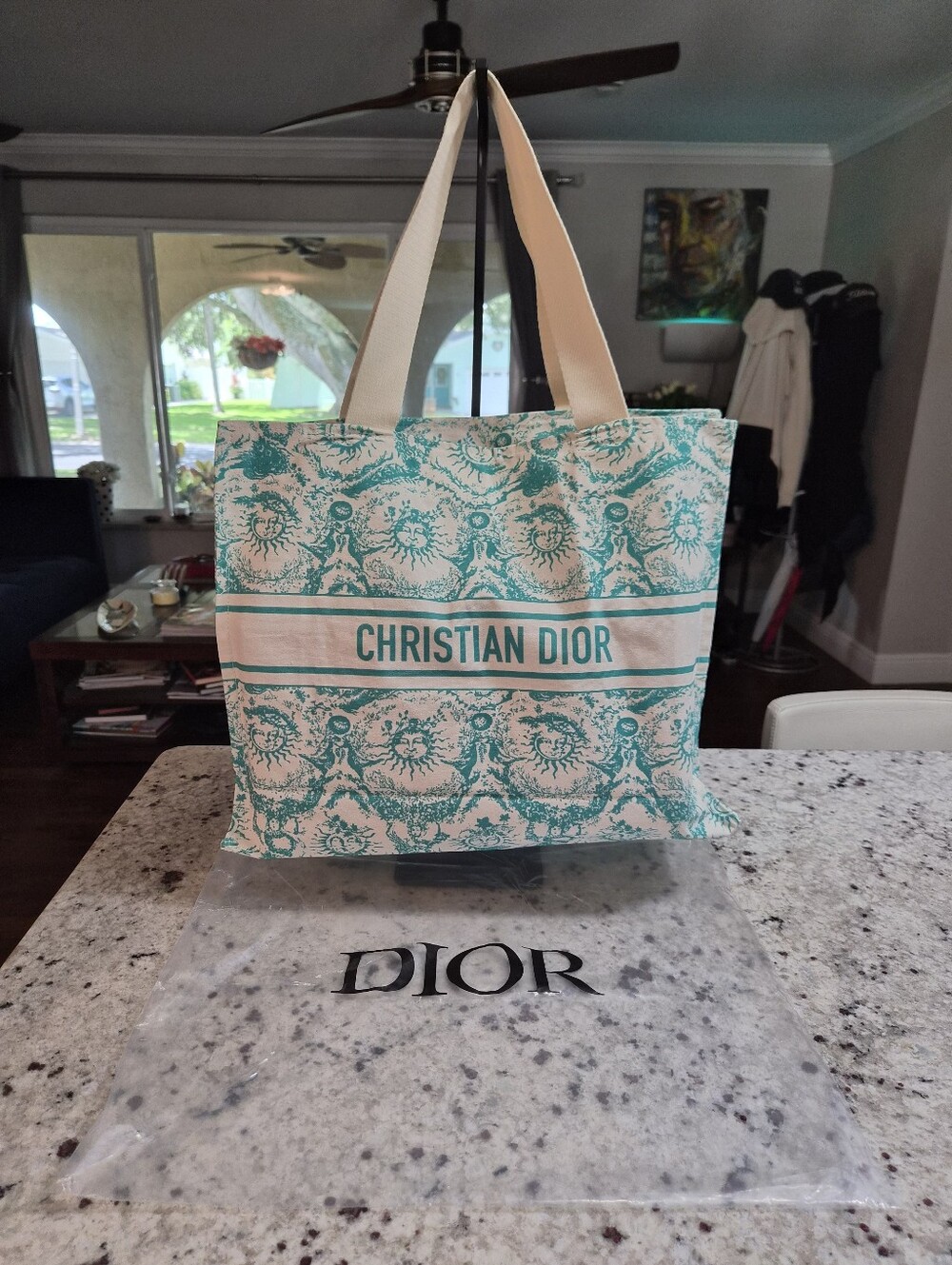 Dior Dioriviera Canvas Tote Bag GWP Aqua Green Celestial Sun Print